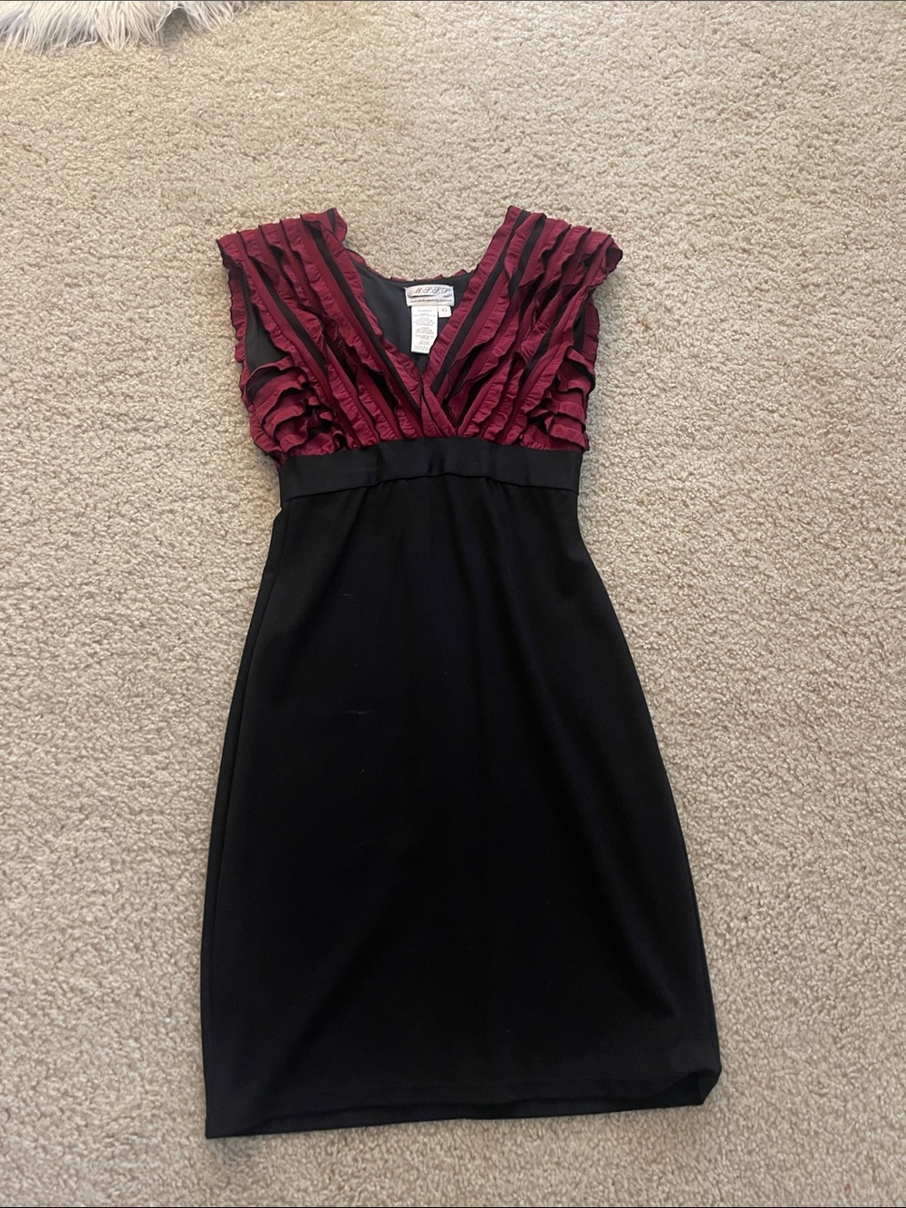 Black Mini Dress with Burgundy Ruffle V-Neck